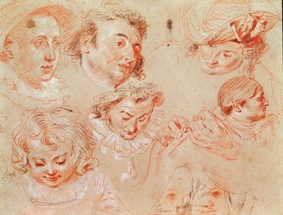 Sei teste e due mani che suonano uno strumento musicale da Jean Antoine Watteau